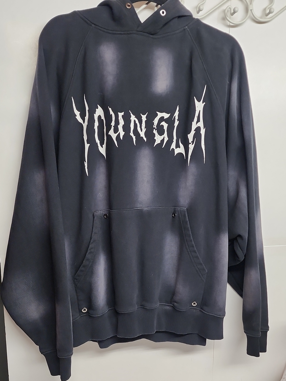YoungLA Black Hoodie with White Distressed Logo Size L RARE FIND Goth Gangster